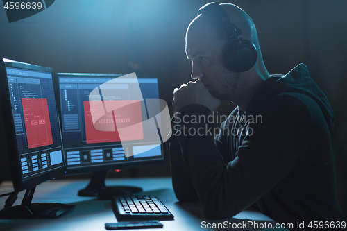 Image of hacker with access denied messages on computers