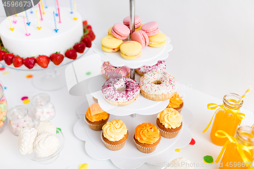 Image of close up of stand with sweets at birthday party