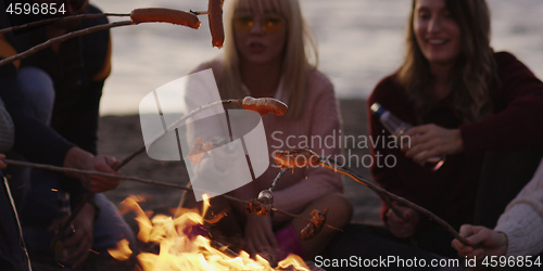 Image of Group Of Young Friends Sitting By The Fire at beach