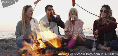 Image of Group Of Young Friends Sitting By The Fire at beach