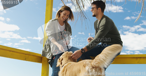 Image of Group of friends having fun on autumn day at beach