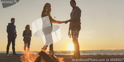 Image of Friends having fun at beach on autumn day