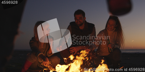 Image of Young Friends Making A Toast With Beer Around Campfire at beach