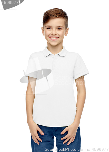 Image of happy boy in white blank polo t-shirt