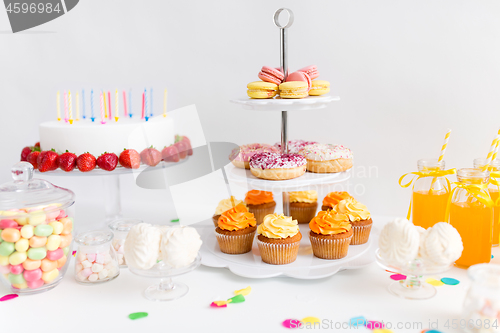 Image of food and drinks on table at birthday party