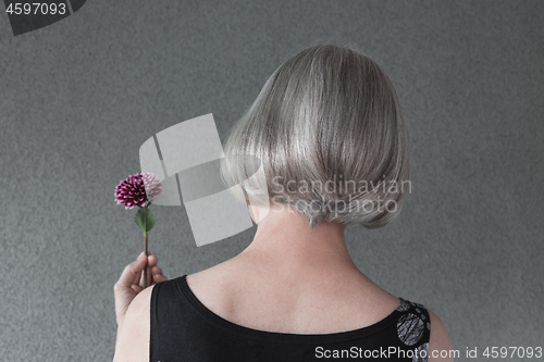 Image of Gray-haired lady holding red dahlia