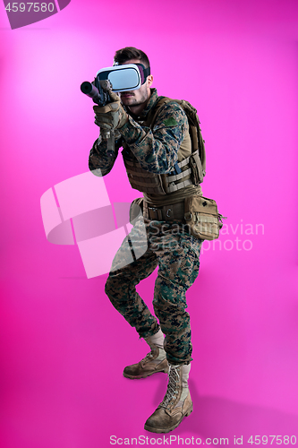 Image of soldier in battle using virtual reality glasses