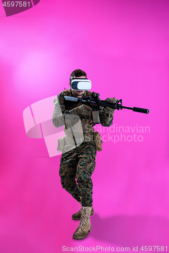 Image of soldier in battle using virtual reality glasses