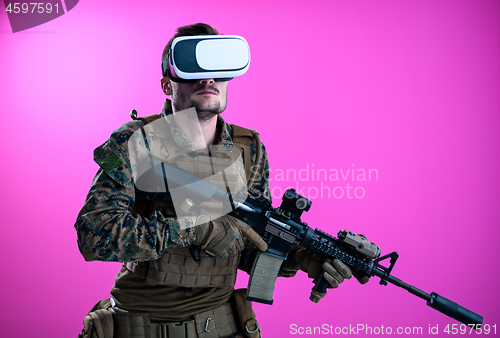 Image of soldier in battle using virtual reality glasses