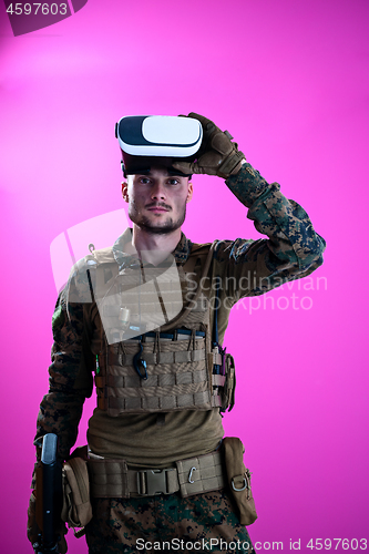 Image of soldier in battle using virtual reality glasses