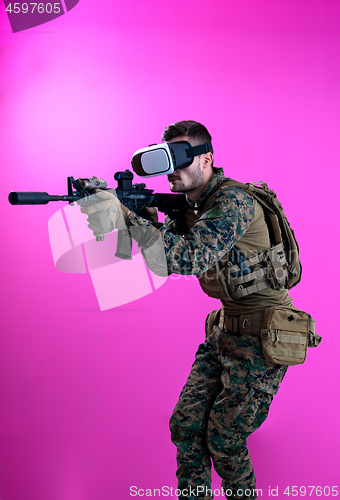 Image of soldier in battle using virtual reality glasses