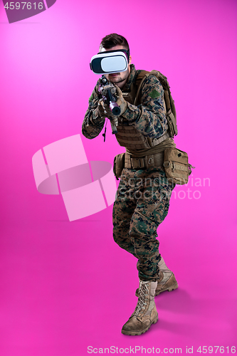 Image of soldier in battle using virtual reality glasses