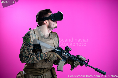 Image of soldier in battle using virtual reality glasses