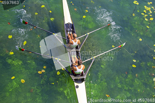 Image of Two young athletes rowing team on green lake