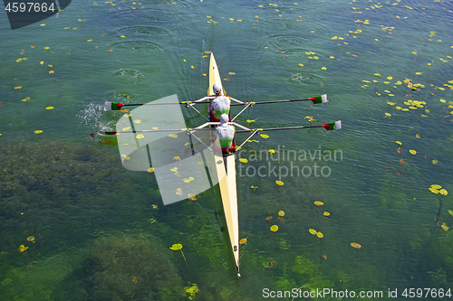 Image of Two young athletes rowing team on green lake