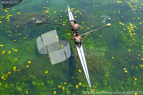 Image of Two young athletes rowing team on green lake