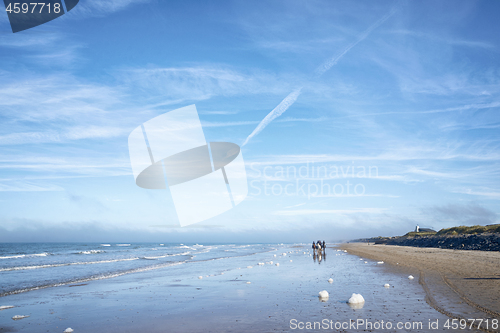 Image of Horseback riders on a beach in the summer