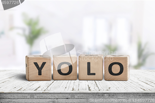 Image of Yolo abbreviation sign in a bright living room
