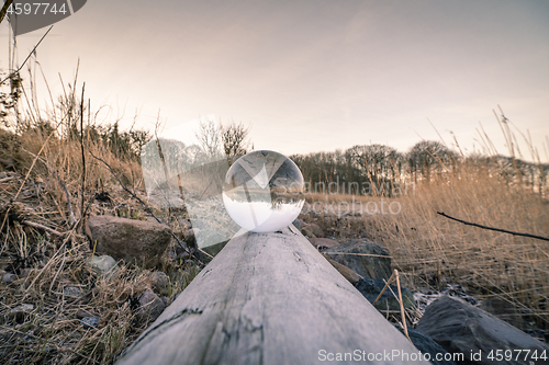 Image of Crystal ball in balance on a wooden log