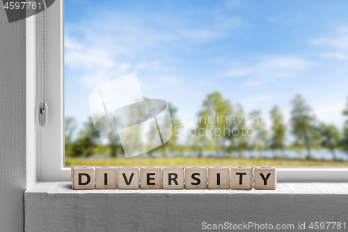 Image of Diversity word in a window sill with a garden