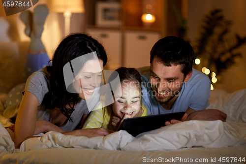 Image of family with tablet pc in bed at night at home