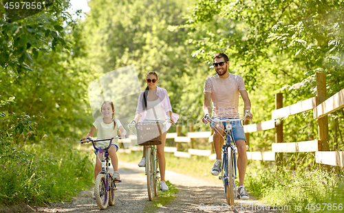 Image of happy family riding bicycles in summer park