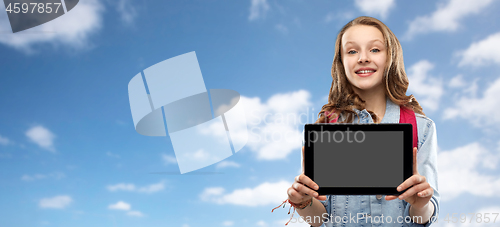 Image of student girl with school bag and tablet computer