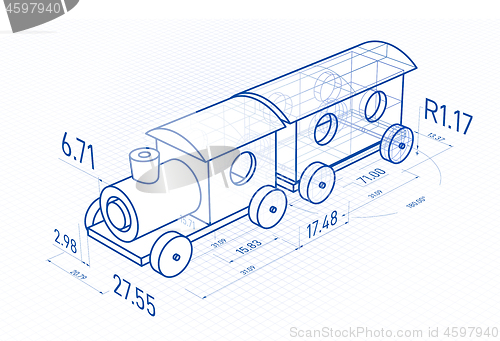 Image of Toy train with drawing design elements. Blueprint design. Vector 3d illustration