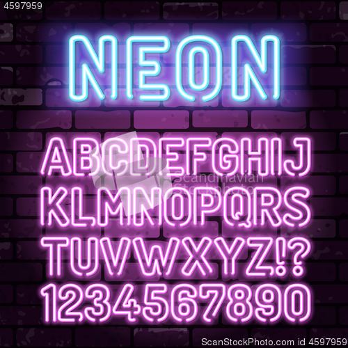 Image of Purple Neon Alphabet on Brick Wall