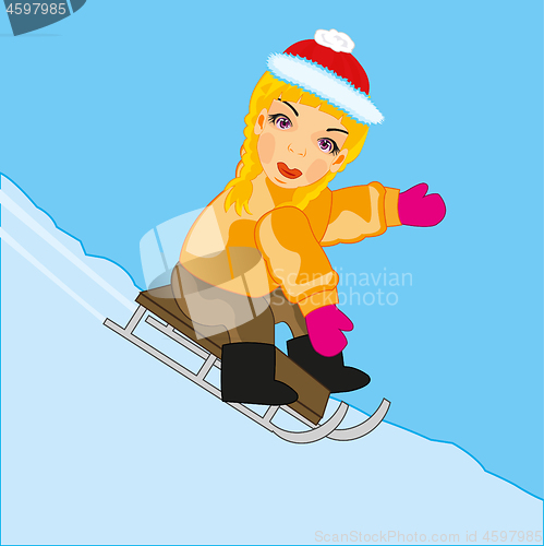Image of Girl rides on sled with hutches in winter
