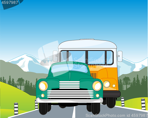 Image of Retro car and bus on mountain road
