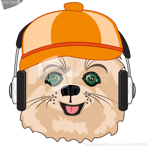 Image of Cartoon of the mug of the fashionable cat in cap and earphone listenning music