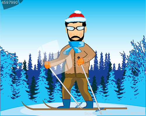 Image of Man runs on ski in wood in winter