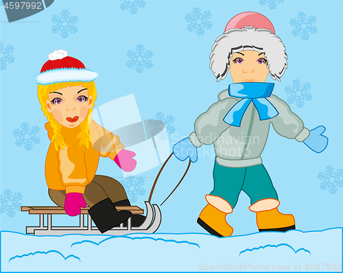 Image of Boy rolls girl on sled in winter