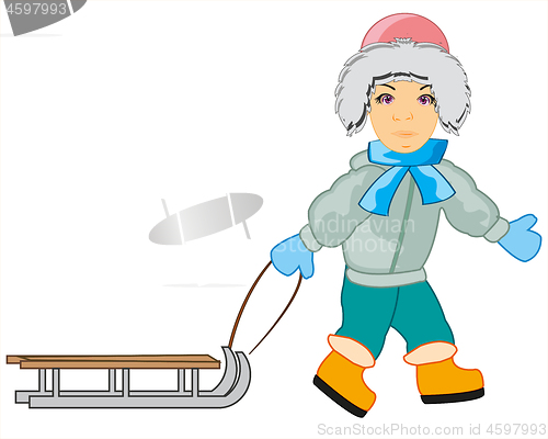 Image of Teenager with sled on white background is insulated