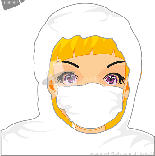 Image of Girl physician in defensive suit and mask