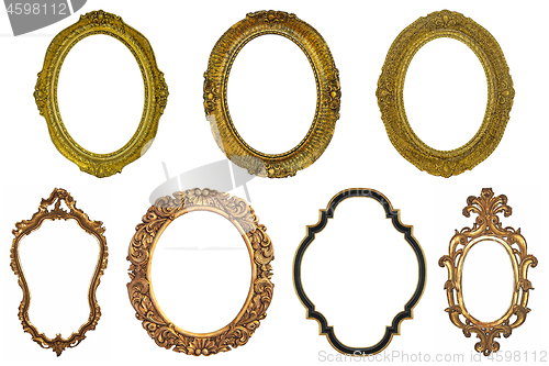 Image of Set of oval Decorative vintage gilded golden wooden frames isola