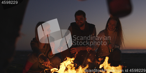 Image of Young Friends Making A Toast With Beer Around Campfire at beach