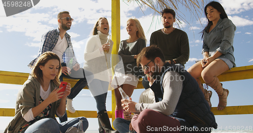 Image of Group of friends having fun on autumn day at beach