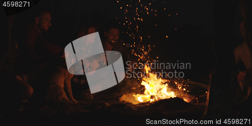 Image of Couple enjoying with friends at night on the beach