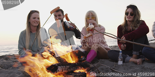 Image of Group Of Young Friends Sitting By The Fire at beach