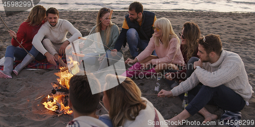 Image of Group Of Young Friends Sitting By The Fire at beach