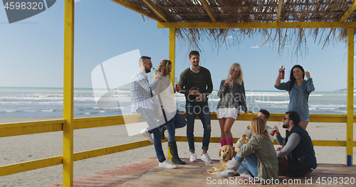 Image of Group of friends having fun on autumn day at beach