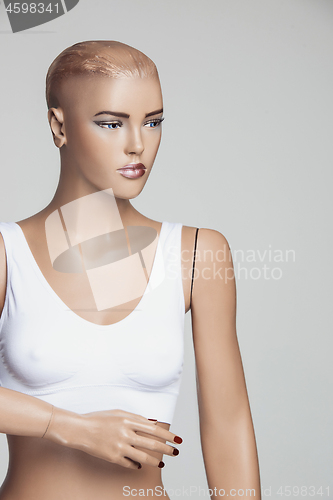 Image of The female mannequin over gray studio background