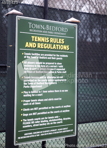 Image of editorial tennis rules regulation sign public town courts Bedfor