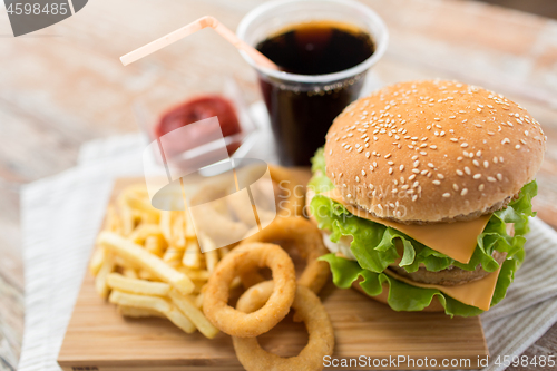 Image of close up of hamburger and other fast food