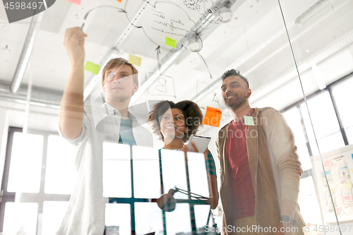 Image of happy creative team at office glass board