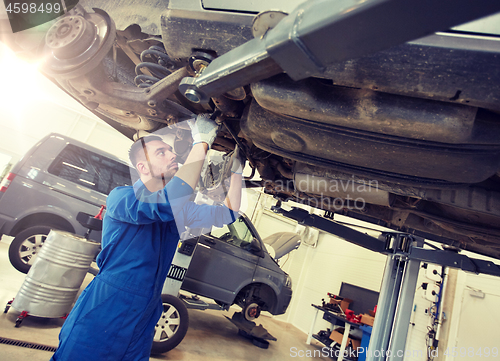 Image of mechanic man or smith repairing car at workshop