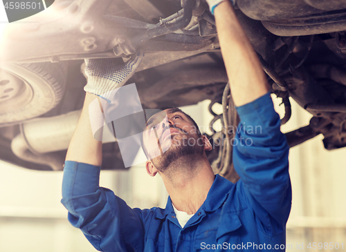 Image of mechanic man or smith repairing car at workshop