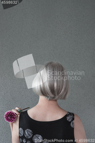 Image of Lady with silver hair and red dahlia